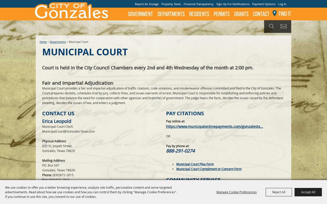 Gonzales County municipal warrant records: Gonzales Municipal Court page