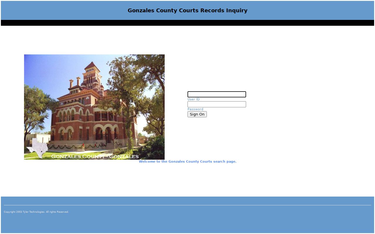 Gonzales County warrant search context: Odyssey Public Access entry page
