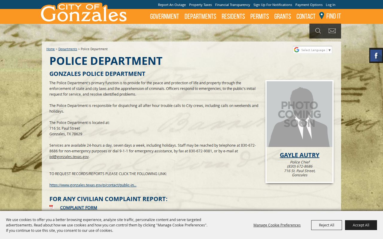 Gonzales County arrest warrant records: Gonzales Police Department contact page