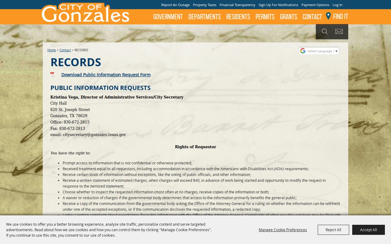 Gonzales warrant records: city public-information request page